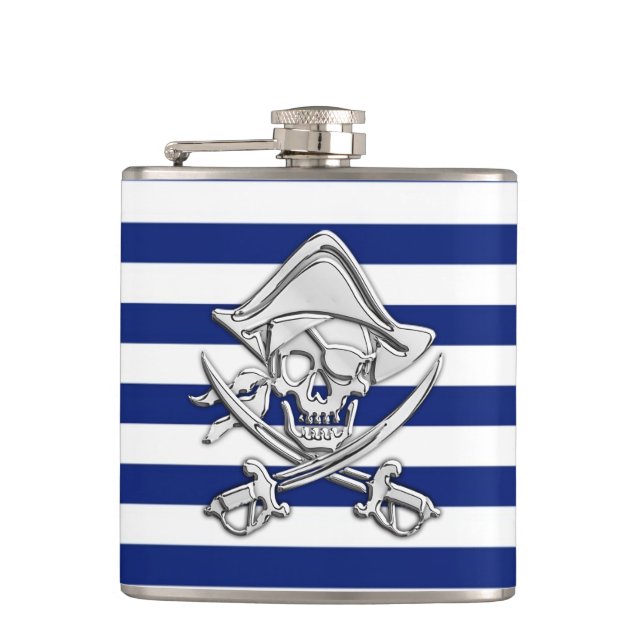 Chrome Pirate on Navy Stripes Hip Flask (Front)
