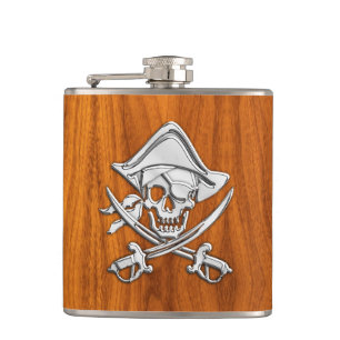 Chrome Pirate on Teak Print Hip Flask