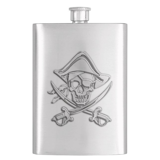Chrome Pirate Skull Nautical Print Hip Flask (Front)