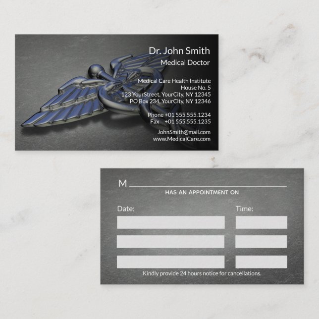 Chrome Professional Medical Caduceus Appointment Card (Front/Back)