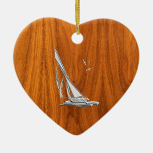 Chrome Regatta Sailboat on Teak Veneer Styles Ceramic Ornament