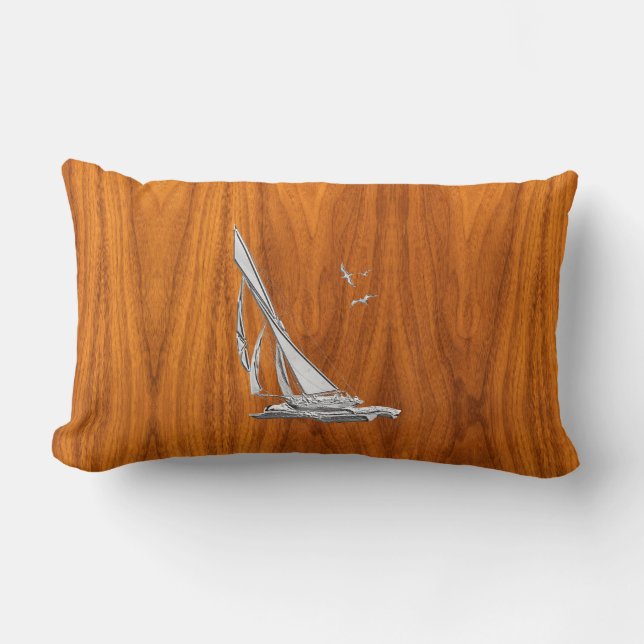 Chrome Regatta Sailboat on Teak Veneer Styles Lumbar Cushion (Front)