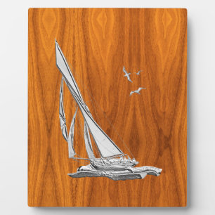 Chrome Regatta Sailboat on Teak Veneer Styles Plaque
