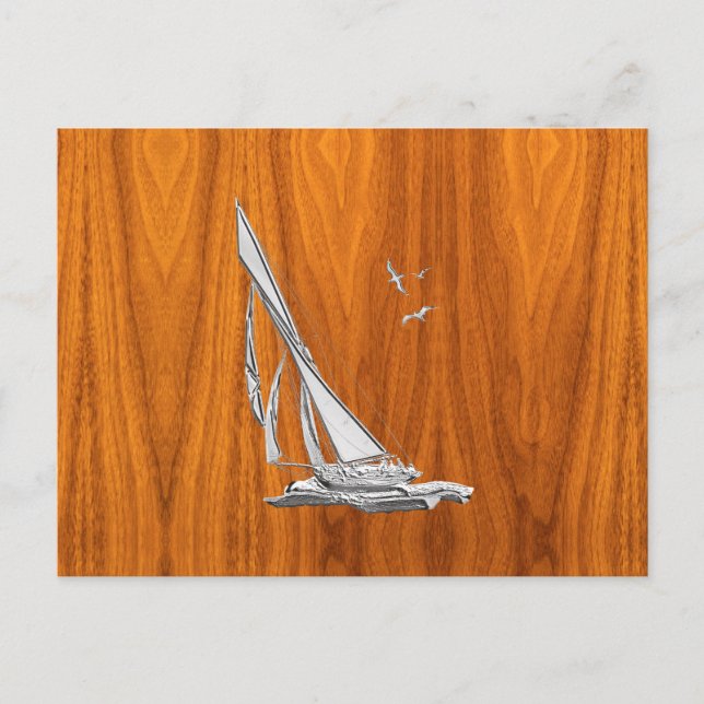 Chrome Regatta Sailboat on Teak Veneer Styles Postcard (Front)