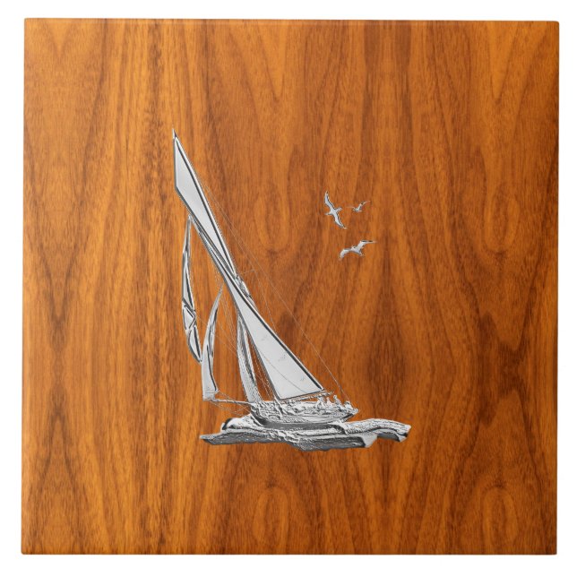 Chrome Regatta Sailboat on Teak Veneer Styles Tile (Front)