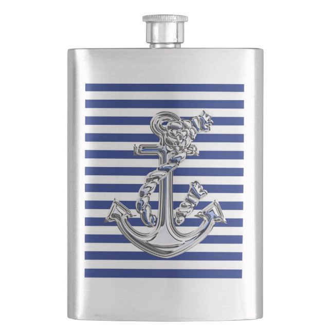 Chrome Rope Anchor Nautical on Navy Stripes Print Hip Flask (Front)