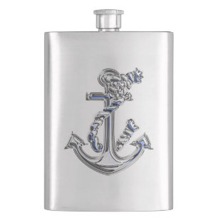 Chrome Rope Anchor Nautical Print Hip Flask