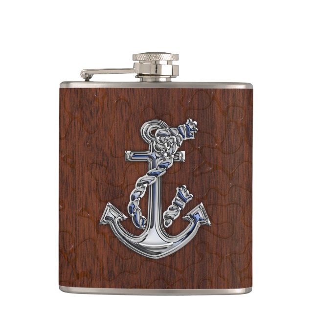 Chrome Rope Anchor on Wet Mahogany Print Hip Flask (Front)