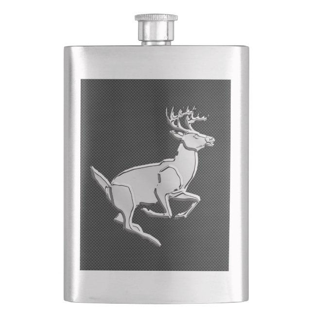 Chrome Running Deer on Carbon Fibre Decor Hip Flask (Front)