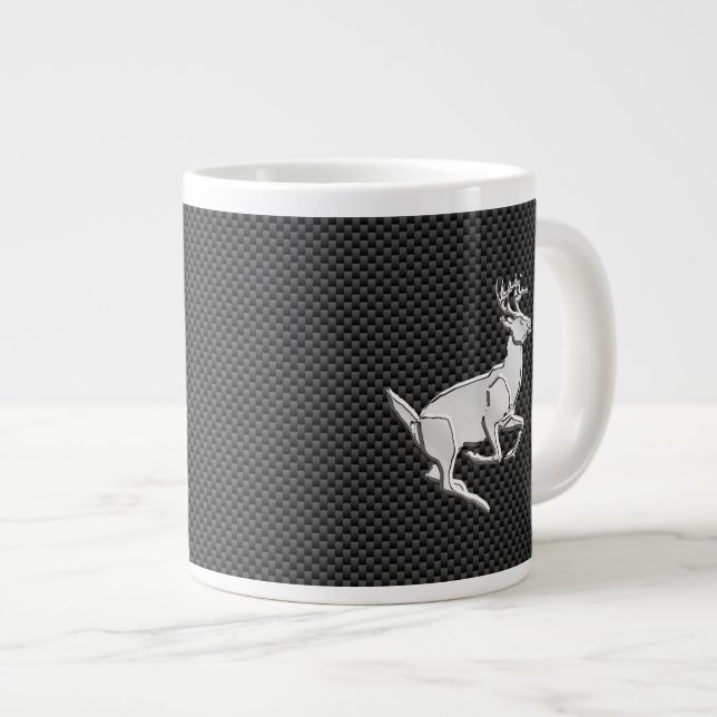 Chrome Running Deer on Carbon Fibre Decor Large Coffee Mug (Front Right)