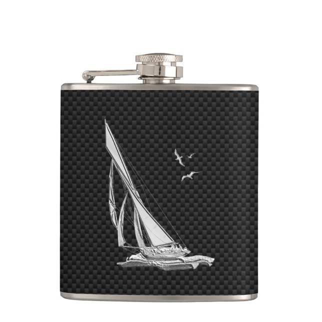Chrome Sailboat on Carbon Fibre Print Hip Flask (Front)