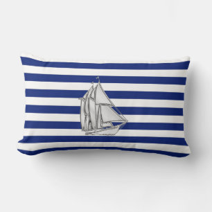 Chrome Sailboat on Nautical Stripes Lumbar Cushion