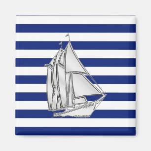 Chrome Sailboat on Nautical Stripes Magnet