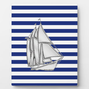Chrome Sailboat on Nautical Stripes Plaque