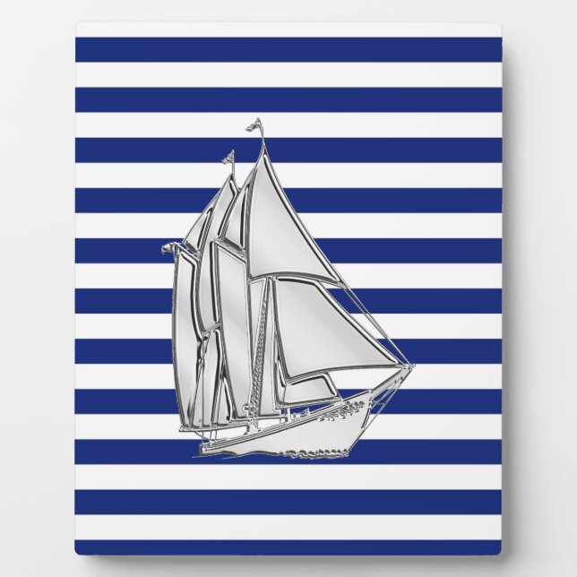 Chrome Sailboat on Nautical Stripes Plaque (Front)