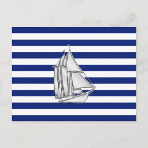 Chrome Sailboat on Nautical Stripes Postcard