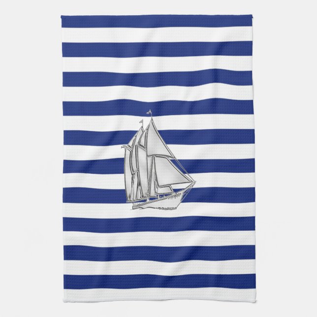 Chrome Sailboat on Nautical Stripes Tea Towel (Vertical)
