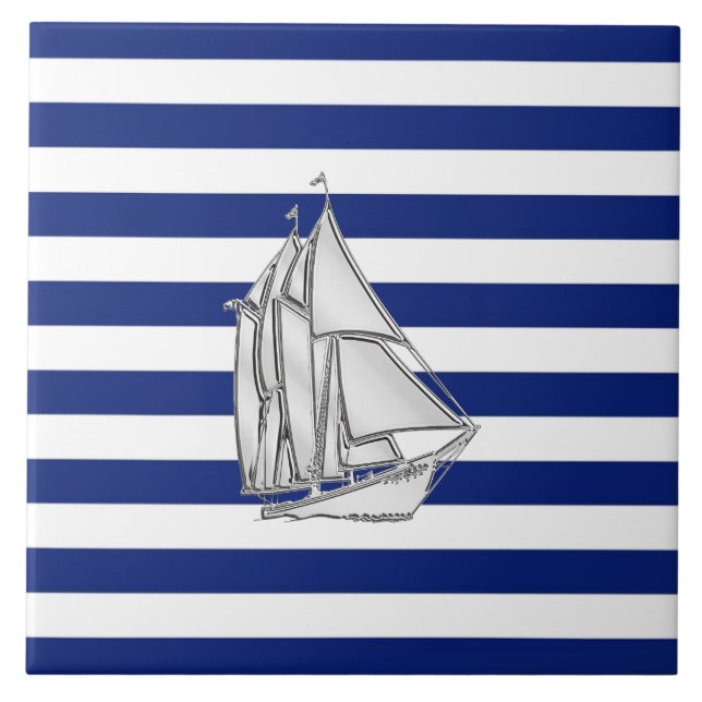 Chrome Sailboat on Nautical Stripes Tile (Front)