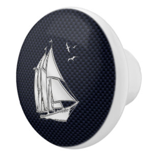 Chrome Sailboat on Navy Carbon Fibre Print Ceramic Knob
