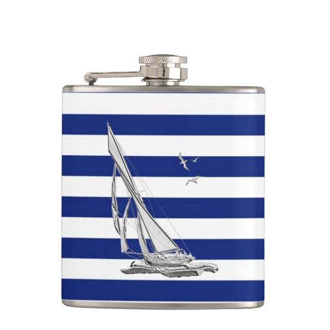 Chrome Sailboat on Navy Stripes Hip Flask (Front)