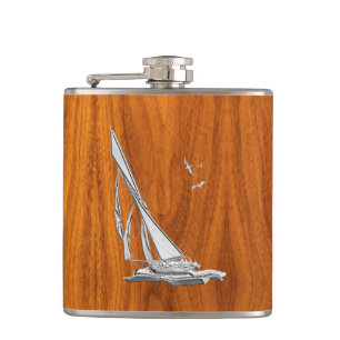 Chrome Sailboat on Teak Print Hip Flask