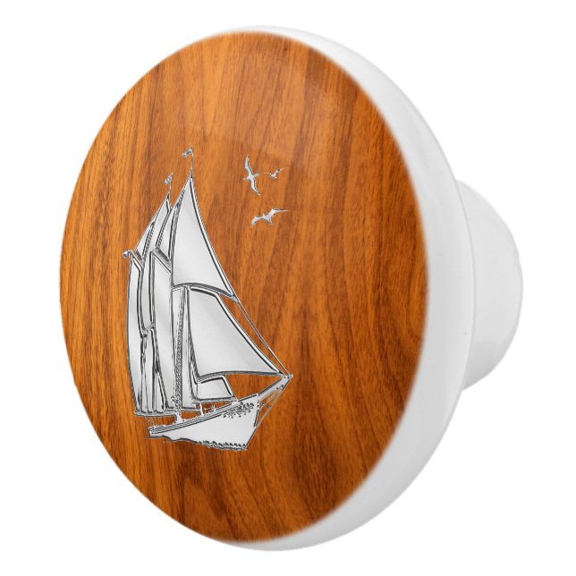 Chrome Sailboat on Teak Wood Grain Print Ceramic Knob (Right)