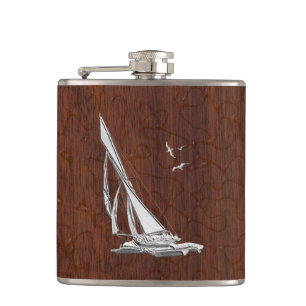Chrome Sailboat on Wet Mahogany Print Hip Flask