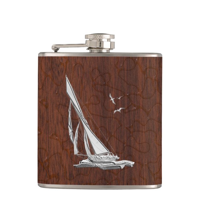Chrome Sailboat on Wet Mahogany Print Hip Flask (Front)