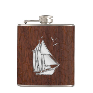 Chrome Sailboat on Wet Mahogany Print Hip Flask