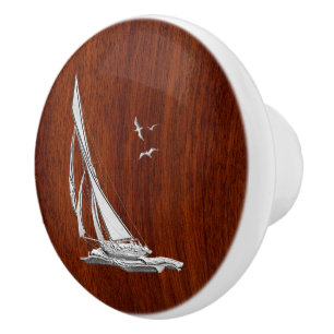 Chrome Sailing on Nautical Mahogany Grain Print Ceramic Knob