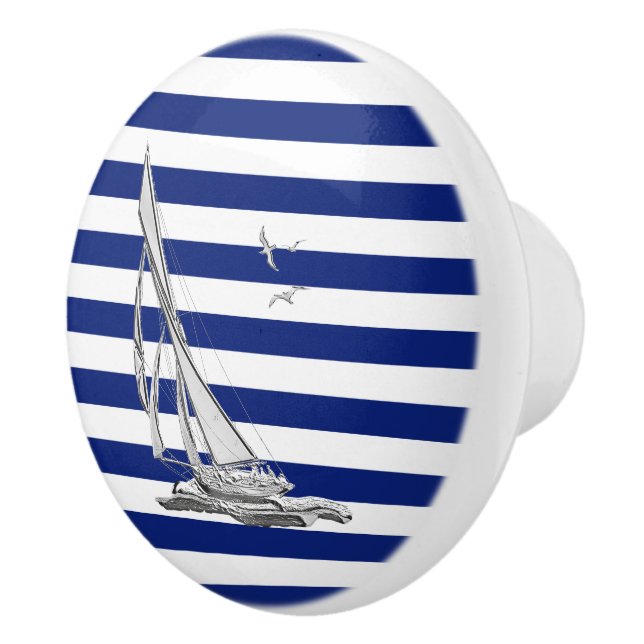 Chrome Sailing on Nautical Navy Blue Stripes Print Ceramic Knob (Right)