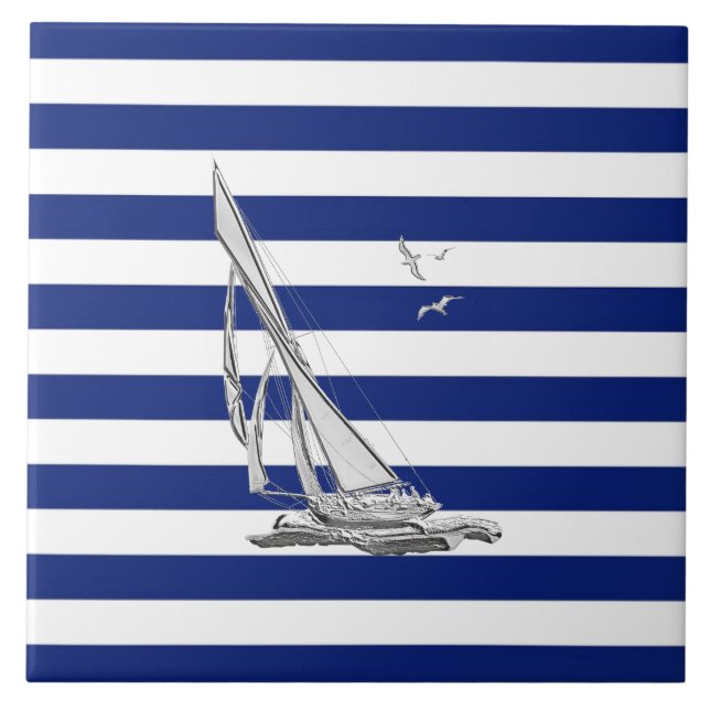 Chrome Sailing on Nautical Stripes Ceramic Tile (Front)