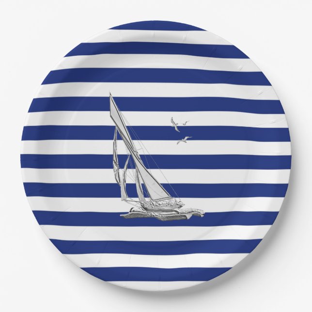 Chrome Sailing on Nautical Stripes Paper Plate (Front)