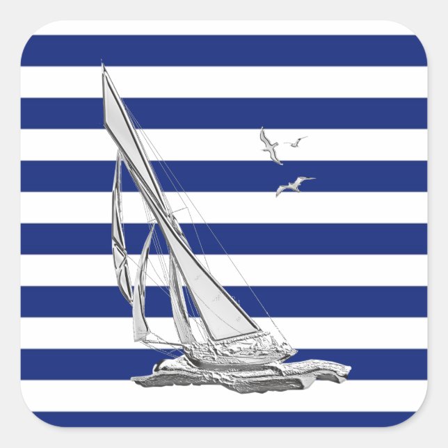Chrome Sailing on Nautical Stripes Square Sticker (Front)