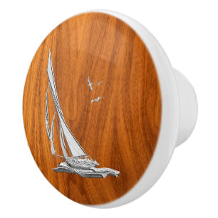 Chrome Sailing on Nautical Teak Wood Grain Print Ceramic Knob