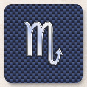 Chrome Scorpio Zodiac Sign on Blue Carbon Fibre Coaster