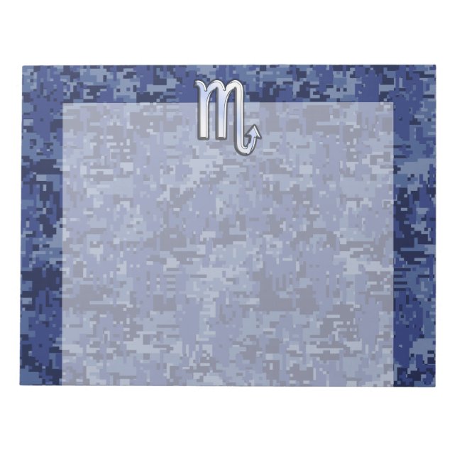 Chrome Scorpio Zodiac Sign on Navy Blue Camo Notepad (Front)