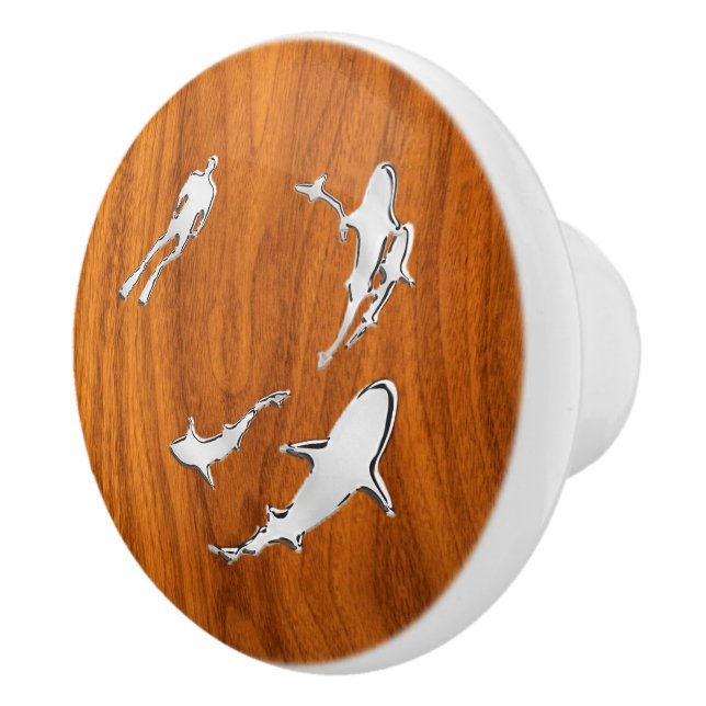 Chrome Sharks on Nautical Teak Wood Grain Print Ceramic Knob (Right)
