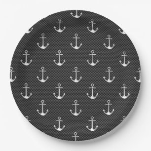 Chrome Silver Anchors on Carbon Fibre Pattern Paper Plate