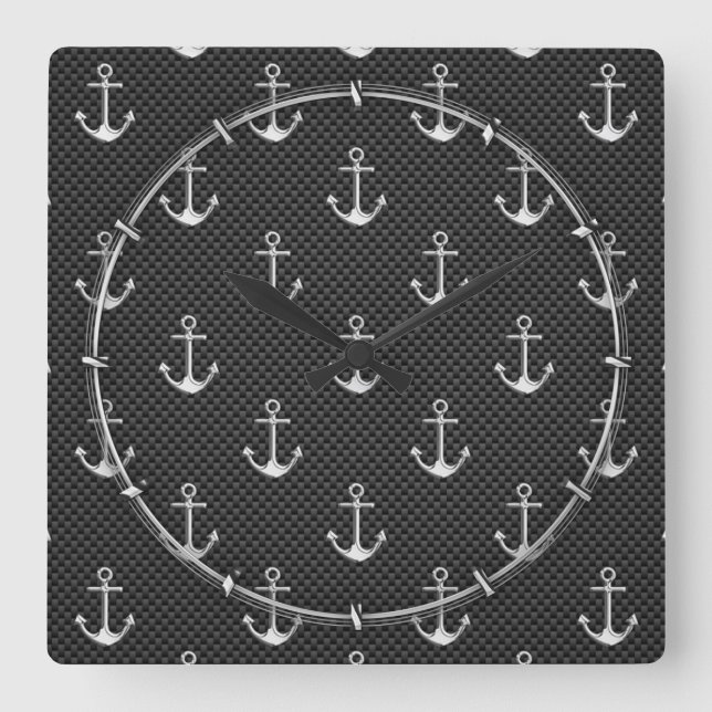 Chrome Silver Anchors on Carbon Fibre Pattern Square Wall Clock (Front)