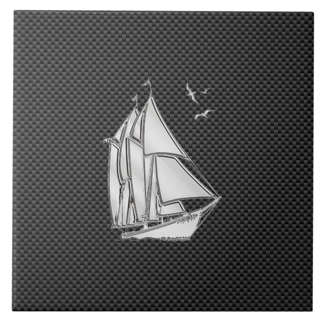 Chrome Silver Like Sailboat on Carbon Fibre Ceramic Tile (Front)