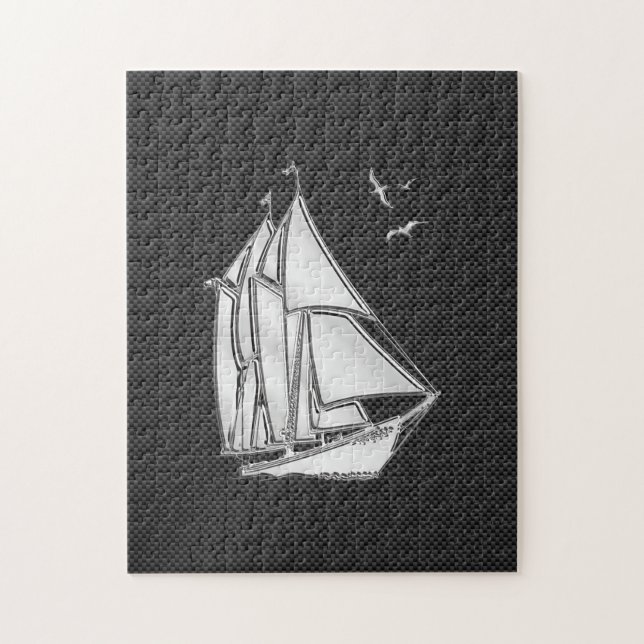 Chrome Silver Like Sailboat on Carbon Fibre Jigsaw Puzzle (Vertical)