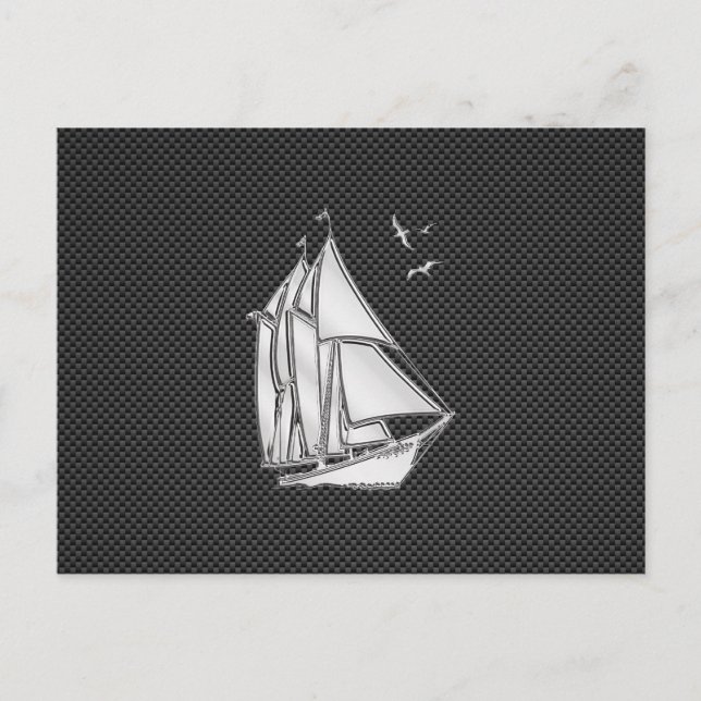 Chrome Silver Like Sailboat on Carbon Fibre Postcard (Front)