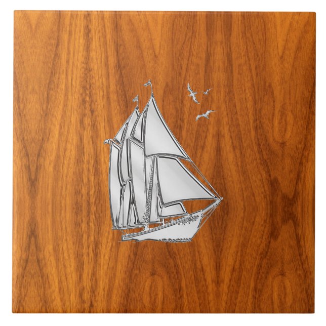 Chrome Silver like Sailboat on Teak Veneer Ceramic Tile (Front)