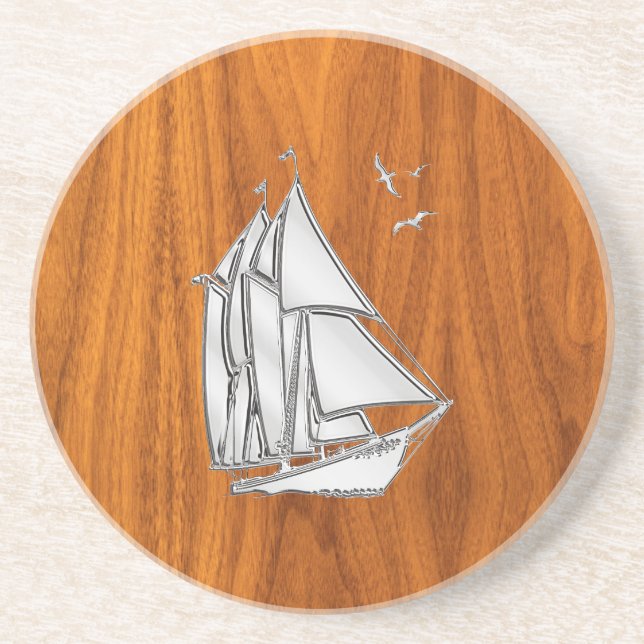 Chrome Silver like Sailboat on Teak Veneer Coaster (Front)