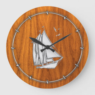 Chrome Silver like Sailboat on Teak Veneer Large Clock