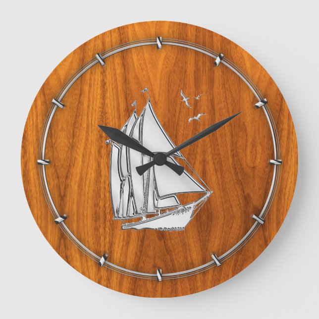 Chrome Silver like Sailboat on Teak Veneer Large Clock (Front)