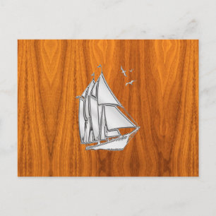 Chrome Silver like Sailboat on Teak Veneer Postcard