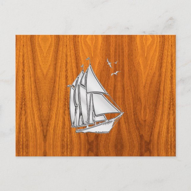 Chrome Silver like Sailboat on Teak Veneer Postcard (Front)