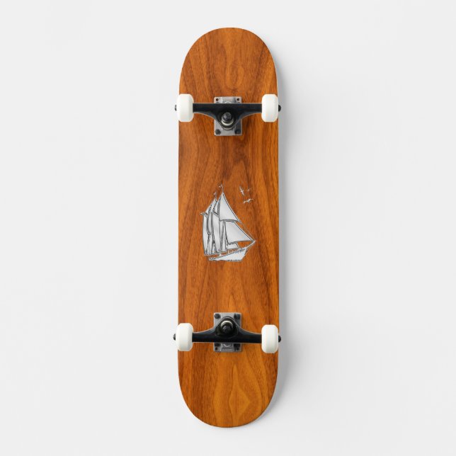 Chrome Silver like Sailboat on Teak Veneer Skateboard (Front)